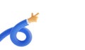 Cartoon funny spiral hand with index finger, shows direction, points forward. Flexible arm male character in blue sleeve