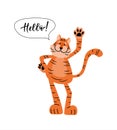 Cartoon funny tiger greets saying Hello and waves its paw.