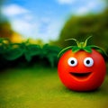 Cartoon funny tomato vegetable, characters, in summer garden. Ai generated Royalty Free Stock Photo