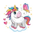 Cartoon funny unicorn on a white background. Cute little pony with butterfly, star, cloud, heart. Vector illustration for sticker