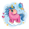 Cartoon funny unicorn on white background. Cute little pony with butterfly, star, cloud and heart. Wonderland. Vector for sticker.