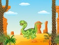 Cartoon funny walking dinosaur in the desert background