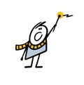 Cartoon funny wizard character in a striped scarf conjures with a magic wand.