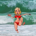 Cartoon funny woman runs away from a big wave