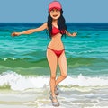 Cartoon funny woman fooling around on the beach