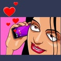 Cartoon funny woman speaks of love for mobile