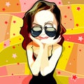 Cartoon funny woman in sunglasses happily impressed
