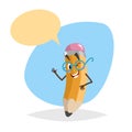 Cartoon funny yellow nerd pencil character in googles gives okay and wink. Education mascot in glasses for kids with dummy speech