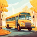 A cartoon funny yellow school bus rides along the road against the backdrop of nature, trees and mountains. Vector Royalty Free Stock Photo