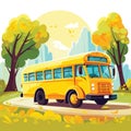 A cartoon funny yellow school bus rides along the road against the backdrop of nature, trees and mountains. Vector Royalty Free Stock Photo