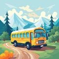 A cartoon funny yellow school bus rides along the road against the backdrop of nature, trees and mountains. Vector Royalty Free Stock Photo