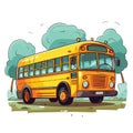 A cartoon funny yellow school bus rides along the road against the backdrop of nature, trees and mountains. Vector Royalty Free Stock Photo