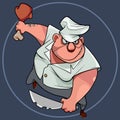 Cartoon furious male chef with knife and ham in hands