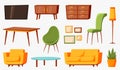 Cartoon furniture. Room furnitures, interior living lounge elements. Isolated home decor, modern sofa table chairs and Royalty Free Stock Photo