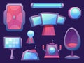 Cartoon futuristic alien space ship room interior elements. Spaceship cockpit and screen, chair and door. Rocket Royalty Free Stock Photo