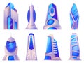 Cartoon futuristic city buildings and skyscrapers glass construction. Alien or future tower build, urban cyberpunk Royalty Free Stock Photo