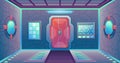 Cartoon futuristic spaceship corridor with door, panels and portholes. Space game sci-fi interior background. Cosmos