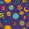 Cartoon galaxy with comets, asteroids, stars and planets.