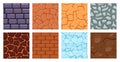 Cartoon game ground. Texture game brick surface, ice, bricks sandy desert and dirt ground layers for game level design