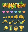 Cartoon game interface. Wooden elements and pop-up menus, buttons and icons.
