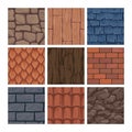 Cartoon game texture. Roof and wall backgrounds for gaming UI. Stone block and brickwork. Rock, soil and wooden Royalty Free Stock Photo