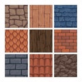 Cartoon game texture. Roof and wall backgrounds for gaming UI. Stone block and brickwork. Rock, soil and wooden construction Royalty Free Stock Photo