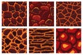 Cartoon game textures, lava surface seamless patterns. Game assets walls and environment backgrounds