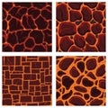 Cartoon game textures, lava surface seamless patterns. Game assets walls and environment backgrounds