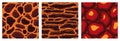Cartoon game textures, lava surface seamless patterns. Game assets walls and environment backgrounds