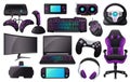 Cartoon gaming accessories, professional gamer gear and equipment. Monitor, headphone, keyboard, vr headset, gaming