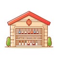Cartoon garage building with shelves full of bottles and boxes Royalty Free Stock Photo