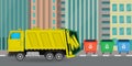 Cartoon garbage truck on street of city, waste management with garbage Royalty Free Stock Photo