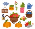 Cartoon garden. Cute flowers or vegetables. Gardening wheelbarrow with strawberries. Watering can. Autumn pumpkin