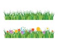 Cartoon Garden Flowers and Green Grass Line Set. Vector