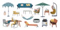 Cartoon garden furniture. Backyard relax objects. Territory landscaping elements. Chaise longue. Hammock under umbrella Royalty Free Stock Photo