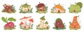 Cartoon garden gnome houses, cute fairytale dwarfs house. Fantasy forest elves buildings in shape of mushroom, pumpkin Royalty Free Stock Photo