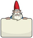 Cartoon garden gnome standing behind a blank sign Royalty Free Stock Photo