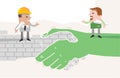 Cartoon Gardener and Foreman standing on a big Handshake