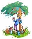 Cartoon gardener next to an apple tree. A young man picks apples from a tree.