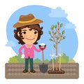 Cartoon Gardener Plants a Tree