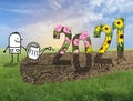 Cartoon Gardener Watering a big 2021 sign, in a Green field photo