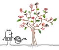 Cartoon Gardener Watering Five Senses Tree