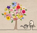 Cartoon Gardener Watering a Flowering Tree