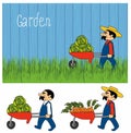 Cartoon gardeners work. Set cartoon character farmers with a crop of vegetables