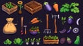 A cartoon gardening tool set with a vegetable harvest on a background. Modern illustration of farm game assets. Rake Royalty Free Stock Photo