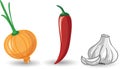 Cartoon garlic, onion and pepper vector