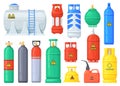 Cartoon gas cylinders. Pressure oxygen cylinder, metal tank with industrial flammable fuel, lpg bottle propane butan Royalty Free Stock Photo