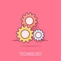 Cartoon gear icon in comic style. Gearwheel illustration pictogram. Cogwheel splash business concept