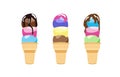 Cartoon gelato and waffle cones with ice cream balls. Ice cream food in chocolate strawberry mint and vanilla flavors Royalty Free Stock Photo