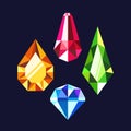 Cartoon Gemstone Crystal Game Assets. Vibrant And Enchanting 2d Faceted Gems, Diamond and Drop Shapes